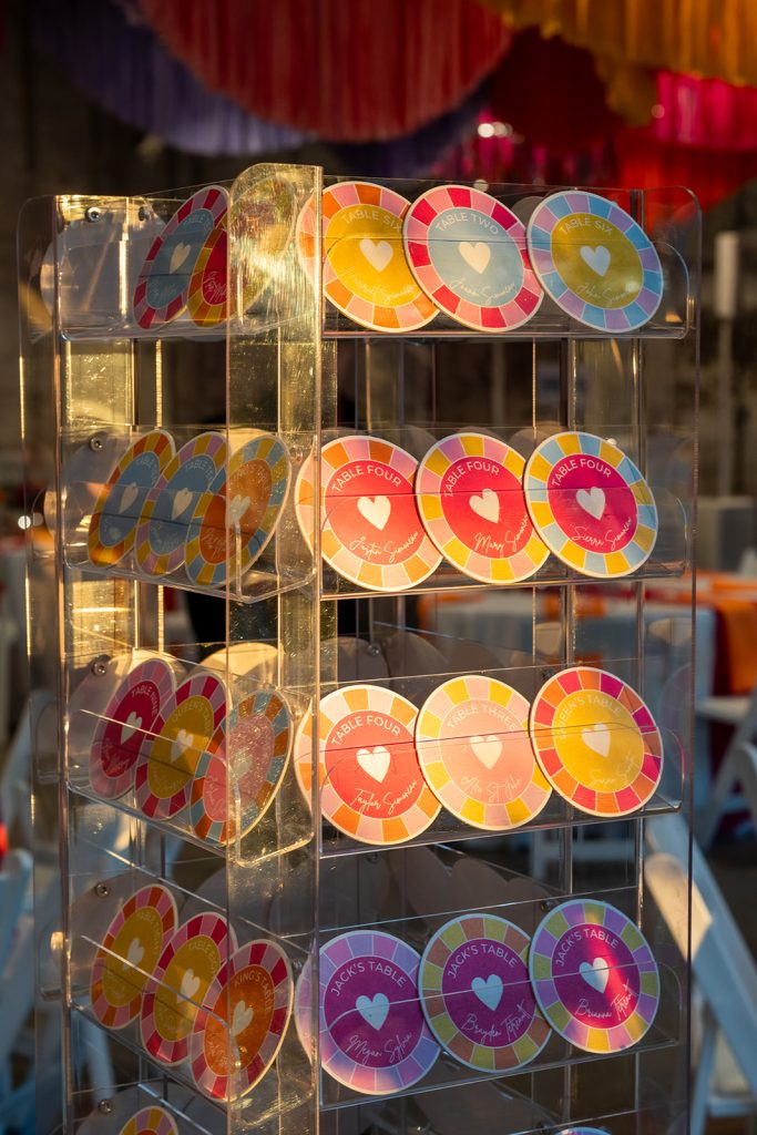 A display of table escort cards styled after poker chips.
